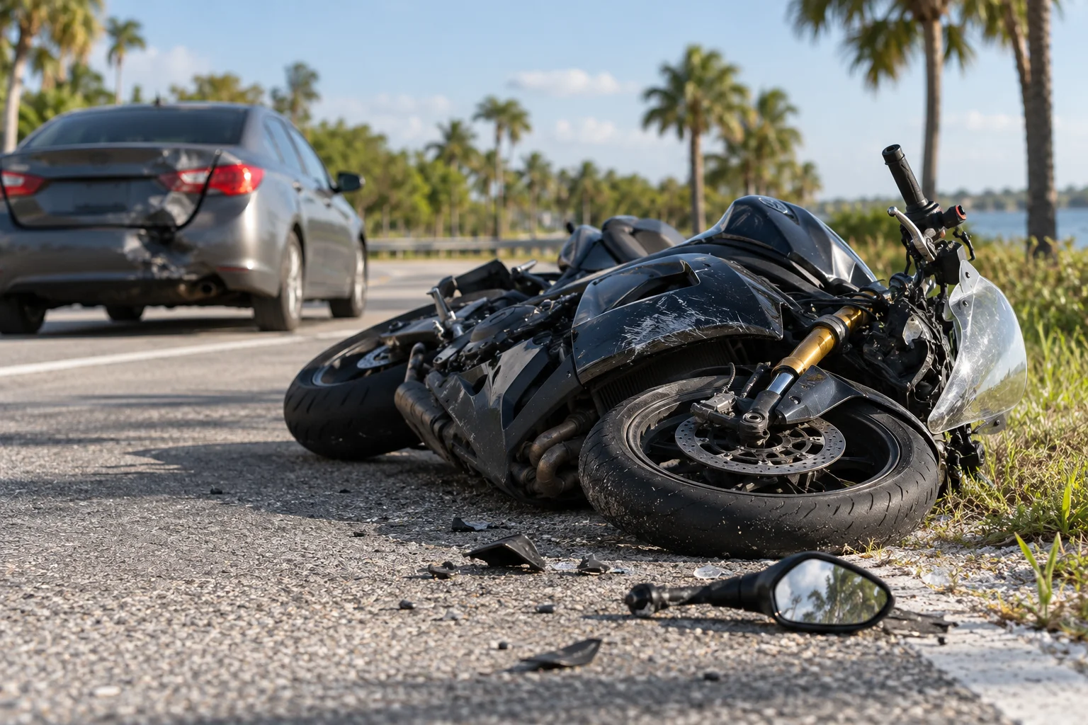 Motocicleta caída junto a la carretera